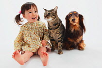 Portrait of young girl sitting with short-haired tabby cat, and long-haired Dachshund