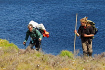 Two RSPB scientists carrying equipment for the study of aquatic invertebrate adundance as part of Common Scoter (Melanitta nigra) research, Forsinard Flows RSPB reserve, Flow Country, Sutherland, High...