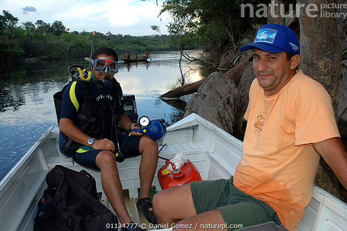 Stock photo of Making of BBC NHU series 'Amazon Abyss' - Diver on boat ...