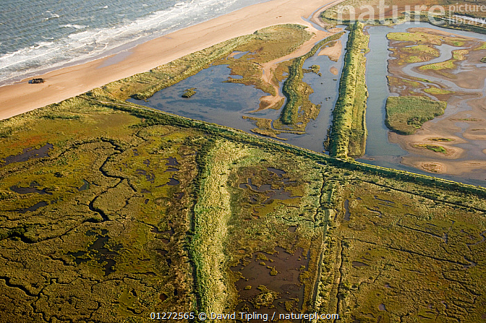Stock photo of Aerial view of saltmarsh and lagoons at Titchwell RSPB ...