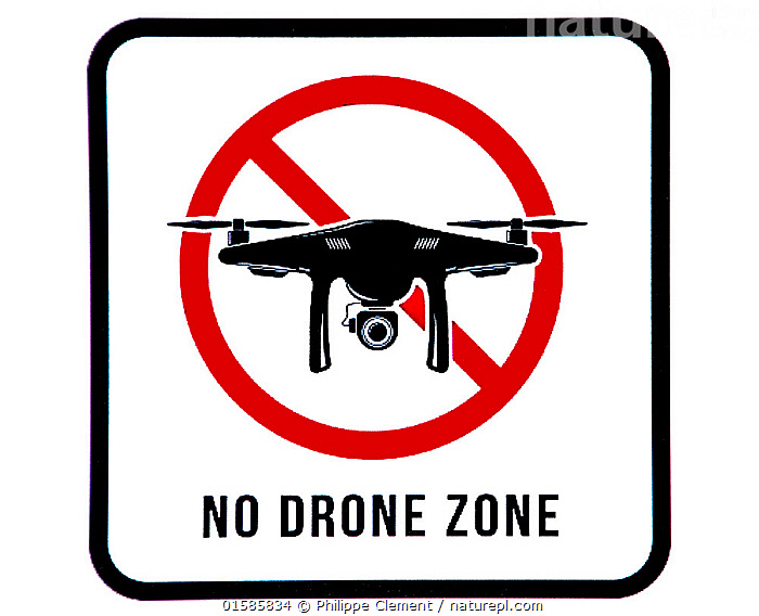 Stock photo of No drone zone sign prohibiting drones from flying over restricted area. Available for sale on www.naturepl