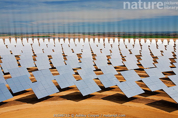 Stock photo of Heliostats, large reflective mirrors directing sunlight ...