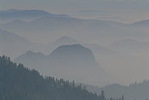 Hazy view to the west across the Sierra Nevada foothills from Kings Canyon National Park, California