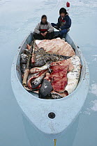 Narwhal (Monodon monoceros) meat and Inuit hunters, Baffin Island, Canada