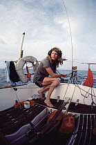 Sperm Whale (Physeter macrocephalus) researcher, Hal Whitehead, listening for whales on hydrophone, Sri Lanka