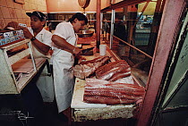 Shark meat for sale in butcher's shop, San Jose, Costa Rica