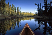 Canoe bow with autumn trees, Discovery Lake, Superior National Forest, Minnesota