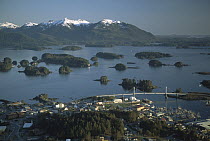 Aerial view of Sitka showing Spruce covered islands, downtown and the O'Connell bridge, Alaska