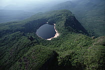 Aerial view of eroded Tepui with Lake Leopoldo at its summit, Venezuela