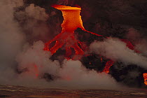 Hot lava entering the ocean with resulting steam plumes, Galapagos Islands, Ecuador
