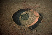 Aerial view of Wolf Creek Meteor Crater, approximately 300,000 years old, 25 meters to the rim and 50 meters to the crater floor, north central Australia