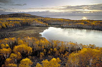 Raven Lake surrounded by autumn colored forest, Minnesota