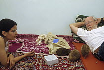 Researchers Sheda Morshed and Jim Patton with hedgehogs, Zabul, Iran