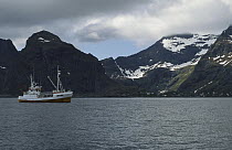 Small whaling ship in fjord, Lofoten Island, Norway