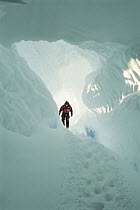Mountaineer at entrance to the Imax Crevasse, large dangerous crevasse requires ropes and guides, Antarctica