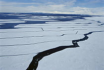 Sea ice lead, sea ice splits to reveal long leads in summer, opening passages for marine life to travel through, McMurdo Sound, Antarctica