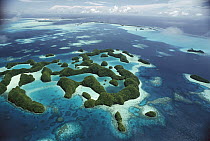 Aerial view of the Rock Islands of Palau, the limestone islands have been eroded into mushroom-like formations