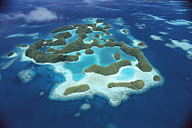 Aerial view of the Rock Islands of Palau, the limestone islands have been eroded into mushroom-like formations