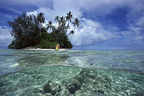 Above and below water view of coral reef and tropical island, Solomon Islands