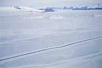 Cracks in the sea ice form around islands and icebergs, Antarctica
