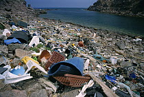 Trash on beach impacts the coastal ecosystem, Mediterranean Sea, Sardinia, Italy