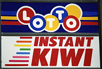 Kiwi logo on the national lottery sign, Otorohanga, North Island, New Zealand