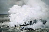 An Aa lava flow entering the sea causing steam plume and roil, Cape Hammond, Fernandina Island, Galapagos Islands, Ecuador