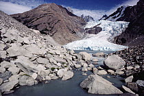 Glacier tumbling down from granite peaks, Los Glaciares National Park, Patagonia, Argentina