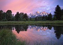 Grand Teton Range and cloudy sky at Schwabacher Landing, reflected in the water, Grand Teton National Park, Wyoming