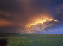 Storm cloud lit by setting sun over the prairie, Badlands National Park, South Dakota