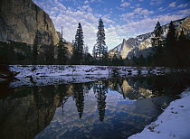 El Capitan and snow-covered banks along the Merced River, Yosemite National Park, California