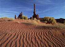 Totem pole and Yei Bi Chei with sand dunes, Monument Valley Navajo Tribal Park, Arizona