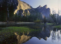 Three Brothers reflected in river, Yosemite National Park, California