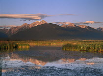Wind River Range and Ninepipe National Wildlife Refuge with extensive marshlands, Wyoming