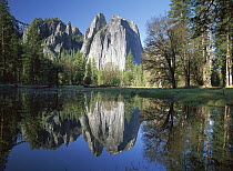 Cathedral rock reflected in the Merced River, Yosemite National Park, California