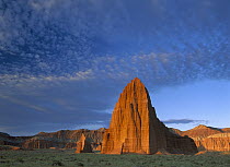 Temples of the Sun and Moon in Cathedral Valley, the monolith is made of entrada sandstone, Capitol Reef National Park, Utah