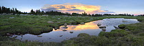 Clouds and sunset reflected in stream, Hellroaring Plateau, Montana