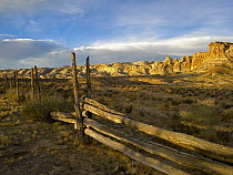 Sandstone formations and wooden fence, Kaiparowits Plateau, Grand Staircase-Escalante National Monument, Utah