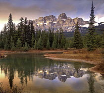 Castle Mountain and boreal forest reflected in lake, Banff National Park, Alberta, Canada