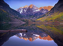 Maroon Bells reflected in Maroon Bells Lake, Snowmass Wilderness, White River National Forest, Colorado