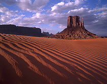 East and West Mittens, buttes with rippled sand, Monument Valley, Arizona