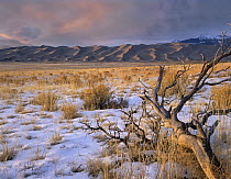 Sangre de Cristo Mountains visible behind 750-foot tall sand dunes in winter, Great Sand Dunes National Park, Colorado