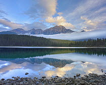 Pyramid Mountain and boreal forest reflected in Patricia Lake, Jasper National Park, Alberta, Canada