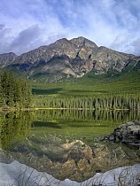 Pyramid Mountain and boreal forest reflected in Pyramid Lake, Jasper National Park, Alberta, Canada
