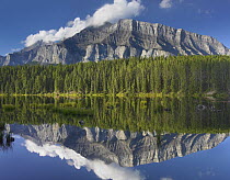 Mount Rundle and boreal forest reflected in Johnson Lake, Banff National Park, Alberta, Canada