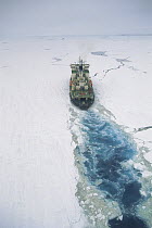 Russian icebreaker breaking through pack ice, Antarctica