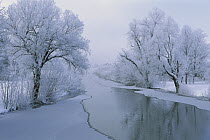 Loisach River covered with a dusting of fresh snow, Lake Kochel, Upper Bavaria, Germany