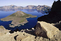 Wizard Island, cone of destroyed Mt Mazama and remains of lava flow in Crater Lake National Park, Oregon