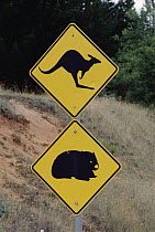 Wildlife caution road signs in the foothills of the Great Dividing Range, New South Wales, South Australia