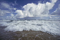 Cloudy skies over crashing waves, Bathsheba Beach, windward coast of Barbados, Caribbean